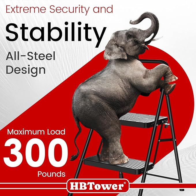 HBtower Step Stool, 2 Step Ladder with Wide Anti-Slip Pedal, Step Ladder Folding Step Stool for Adults, Lightweight Steel Portable ladders for Home Kitchen