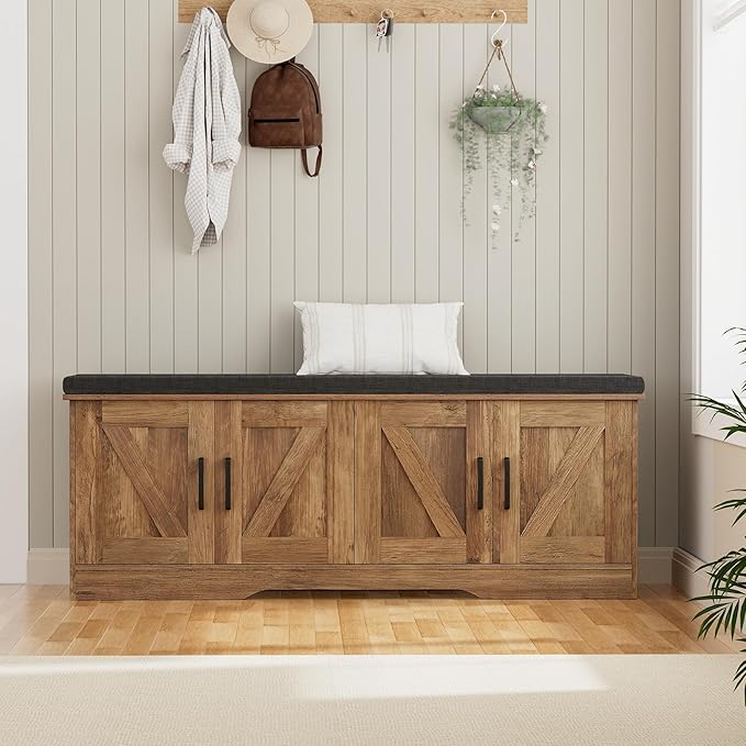 HOMSHO 2-Tier Storage Bench, 47.2" Wide Shoe Bench with Padded Seat Cushion, Entryway Bench with 4 Barn Doors and Adjustable Shelf, Rustic Walnut