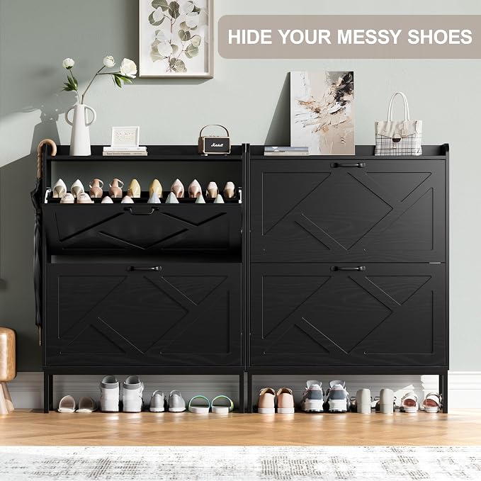 Nicetree Shoe Storage Cabinet with 2 Flip Drawers, Freestanding Shoe Organizer, Shoe Cabinet with Metal Legs, Farmhouse Slim Shoe Cabinet for Entryway, Foyer, Hallway, Black