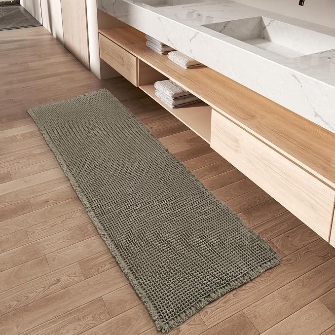 AMOAMI Upgraded Waffle Runner Rug, Super Absorbent Non Slip Bath Mats for Bathroom Floor, Washable Bathroom Runner Rug with Tassels, Ideal for Hallway Bedroom Laundry Room, Green, 2'x 4'(24" x 48")