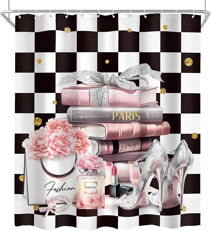 4Pcs Black white Checkered Plaid Shower Curtain Set, Pink Fashion Flower Perfume High Heels Books Bathroom Curtain with Rug, Toilet Lid Cover, Bath Mat, Women Girl Shower Curtain with 12 Hooks