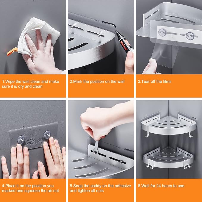 DUFU Adhesive Corner Shower Caddy with Hooks,Bathroom Shower Organizer, No Drilling Rust Proof Aluminum Shower Shelf for Inside Shower 2 Pack (Silver)