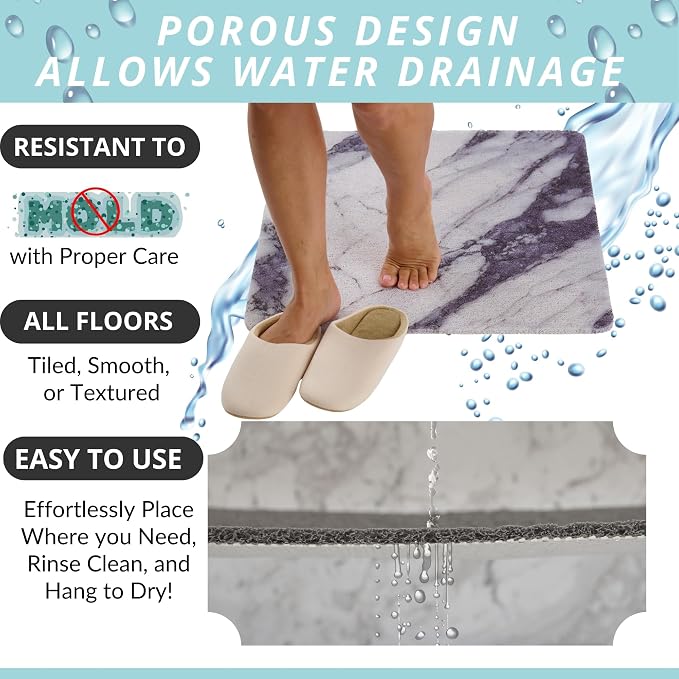 Enkosi Loofah Shower Mat Non Slip – Square Anti Slip Bath Mat for Inside Showers, Bathtub, Tub, Bathroom - Cushioned, Quick Dry PVC with Drain Holes - Secure Grip Safety Pad (Marble Grey Blue 24x24)