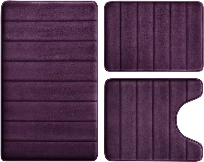 BYSURE Purple Memory Foam Bathroom Rug Set 3 Piece, Non Slip Extra Soft Absorbent Machine Washable Toilet Bath Toilet Mat (17"x24"+20"x32"+U Shape 20"x24")