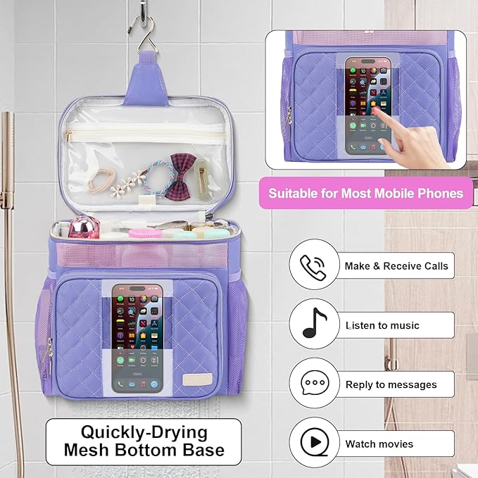 Portable Shower Caddy College Dorm Essentials, Large Toiletry Bag for Women Men, 2 Layers Quickly Dry Mesh Bathroom Tote Bag, Hanging Makeup Organizer Bag for Travel, Gym, Camping (Purple)