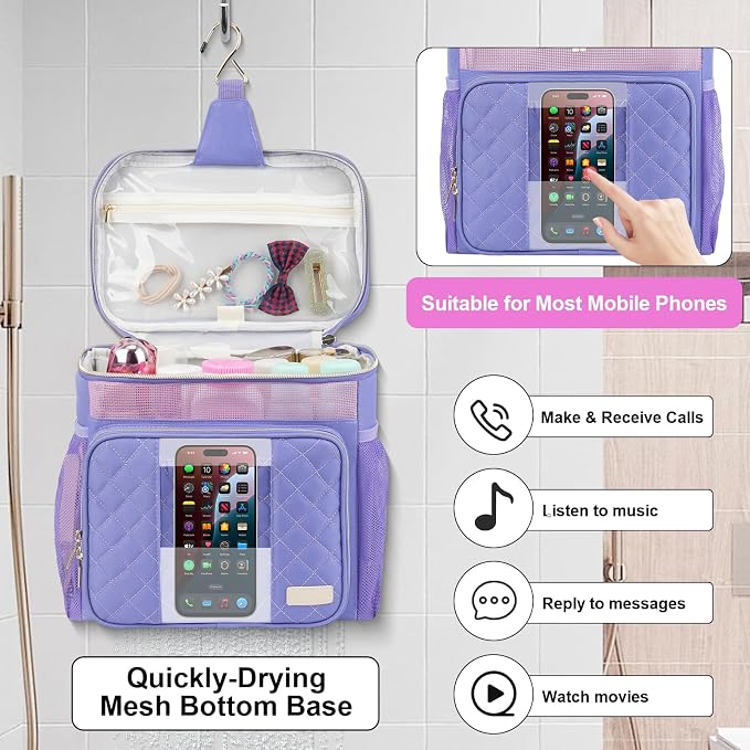 Portable Shower Caddy College Dorm Essentials (Full Size Bottle Compatible), Toiletry Bag for Women Men, Hanging Makeup Organizer Bag for Travel,Gym & Camping,Purple