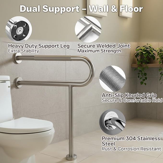 30 Inch Toilet Grab Bar with Leg for Bathroom, Wall & Floor Mounted Stainless Steel Handicap Grab Bar, Brushed Nickel Anti-Slip Knurled Grip, Safety Rail for Elderly, Disabled and Pregnant
