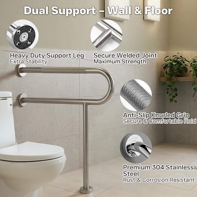 28 Inch Toilet Grab Bar with Leg for Bathroom, Wall & Floor Mounted Stainless Steel Handicap Grab Bar, Brushed Nickel Anti-Slip Knurled Grip, Safety Rail for Elderly, Disabled and Pregnant