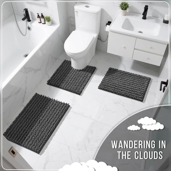 Yimobra Bathroom Rugs Non Slip Washable - Ultra Soft Absorbent Chenille Bath Mat, Quick Dry Shaggy Floor Carpet for Tub Shower, Dark Gray Home Decor Accessories, 24x17 Inch