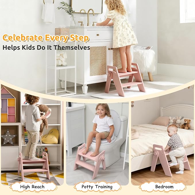 Wooden 2 Step Stool for Toddler Kids Bathroom Foldable 2-Step for Toilet Potty Training, Child Stepping Stool for Kitchen Nursery Bedroom Pink