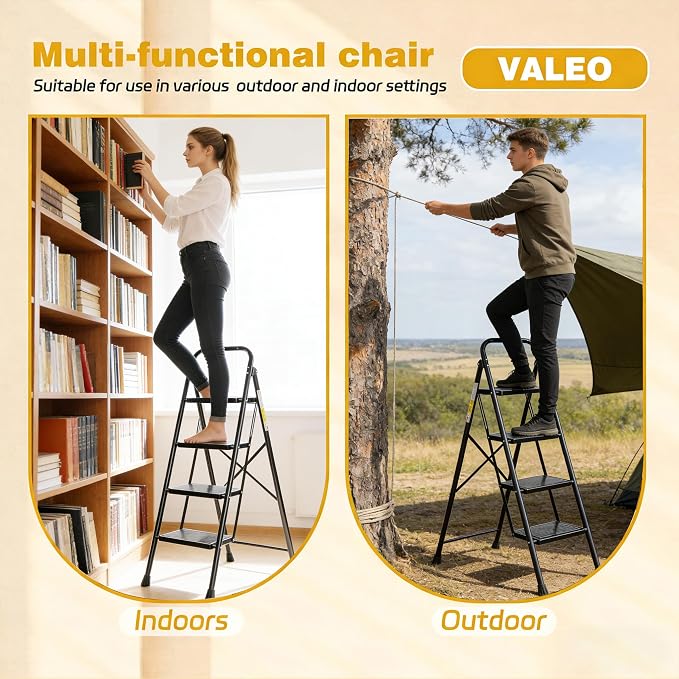 Valeo 4 Step Ladder, Step Stool with Wide Anti-Slip Pedal, 330 lbs Capacity,Step Ladder Folding Step Stool for Adults, Lightweight Steel Portable ladders for Home Kitchen & Office,Black