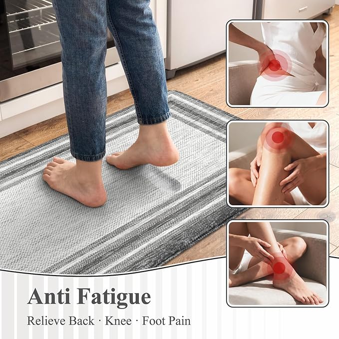 KIMODE Anti Fatigue Kitchen Mats for Floor 2 Piece,17"x47"+17"x29" Farmhouse Kitchen Rugs Non Slip Rubber Backing,Waterproof Cushioned Standing Mat for Home Decor,Office,Laundry Room,Sink,Desk,Grey