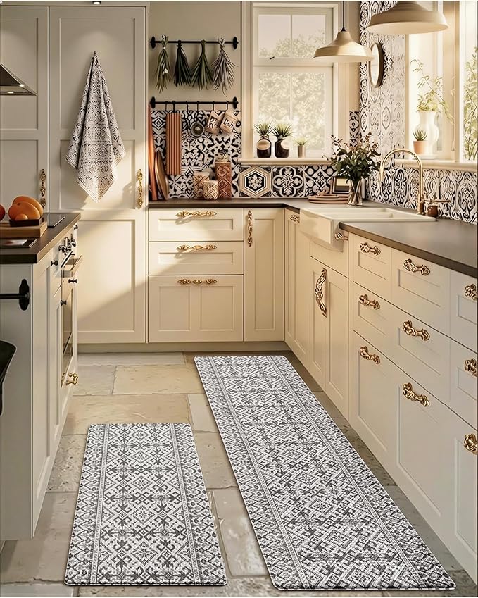 LUMI Anti-Fatigue Kitchen Floor Mats Set of 2,Cushioned Comfort Standing Rug Waterproof 2PCS, Non-Slip Ergonomic Foam Runner for Sink, Laundry, Office & Home,17x29+17x59,