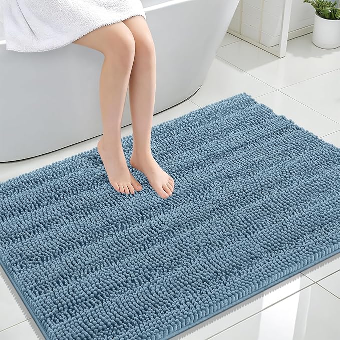 OLANLY Thick Large Bathroom Rugs 44x32, Extra Soft Absorbent Chenille Striped Bath Rugs, Rubber Backing, Machine Wash, Bath Mats for Bathroom Floor, Tub and Shower, Home Decor Accessories, Airy Blue