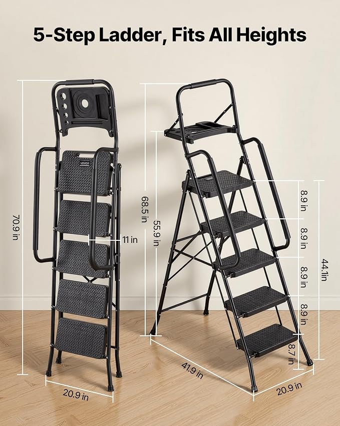 VEVOR 5 Step Ladder, Folding Step Stool with Wide Anti-Slip Pedal, Tool Tray, Dual Side Handrails, Portable Steel Ladder, Multi-Use for Kitchen, Home, Household and Office, Black