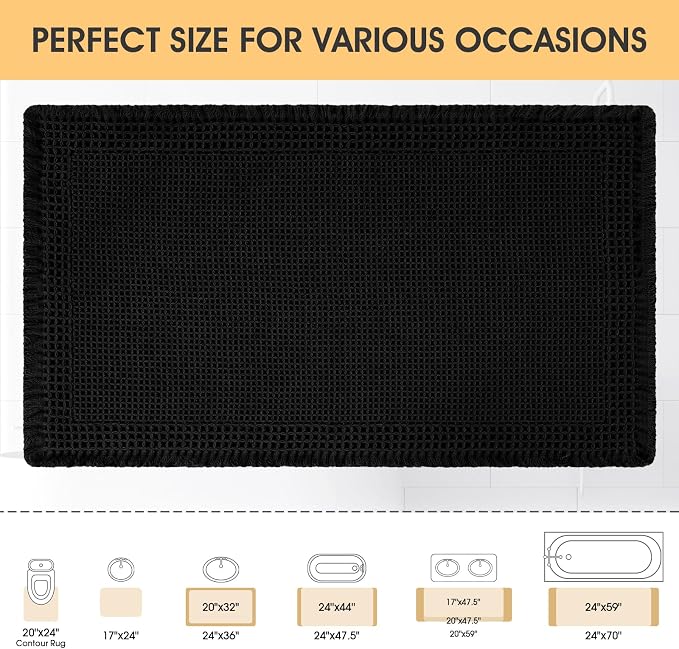 Upgrade Waffle Bath Mat, Boho Bathroom Rugs Absorbent Non Slip, Ultra Soft Bathroom Mat, Machine Washable Knit Bath Rugs with Border for Bathroom, Bedroom, Kitchen, Shower, Tub, 36"x24", Black