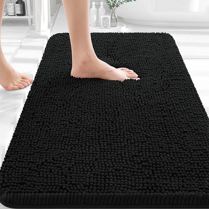OLANLY Bathroom Rugs 35x24, Extra Soft Absorbent Chenille Bath Rugs, Rubber Backing Quick Dry, Machine Washable Bath Mats for Bathroom Floor, Tub and Shower, Home Decor Accessories, Black