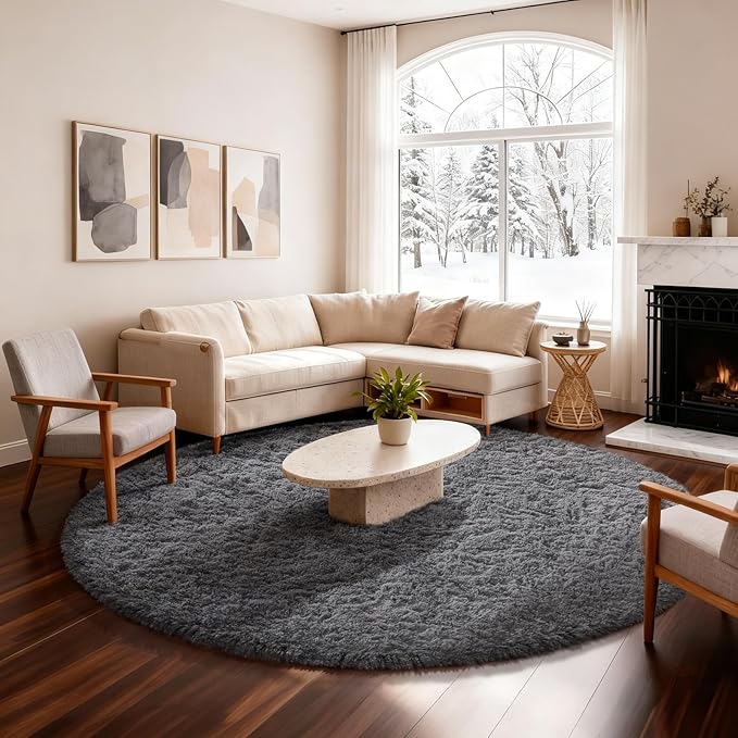 Ophanie Round Rug 6Ft Grey Circle Area Rugs, Fluffy Fuzzy Large Bedroom Carpet 6 foot, Plush Shag Solid indoor Floor Gray Living Room Christmas Circular Aesthetic Decor for Kids Teen Boys Baby,Nursery