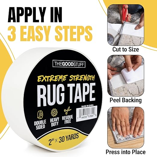 Double Sided Rug Tape [2 Inch x 30 yd] Carpet Tape for Securing Area Rugs to Carpets, Laminate, and Hardwood Floors, Easy to Remove and Restick Without Residue or Damage to Rug or Floor (Pack of 2)