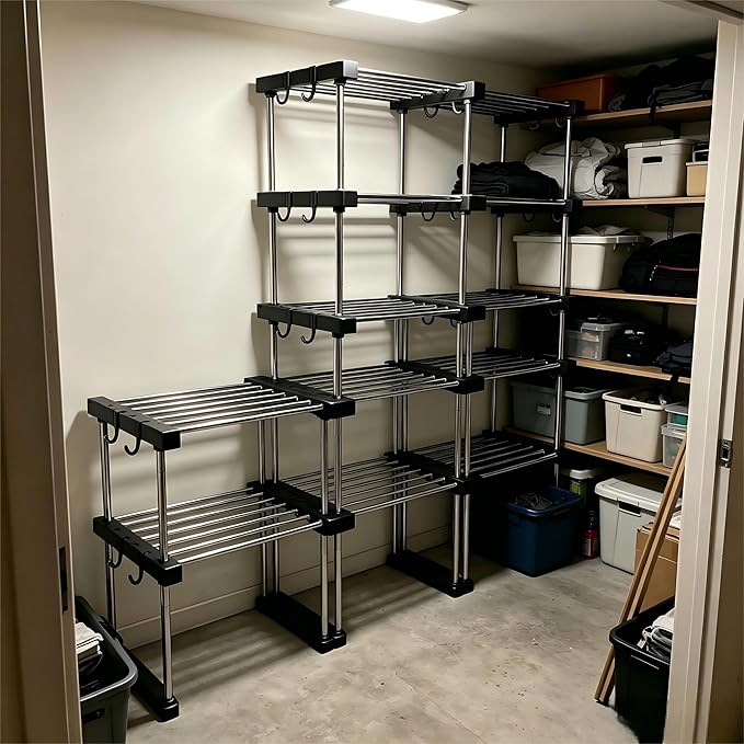 BLULEE Expandable Under Sink Organizer, 2-Tier Adjustable Storage Shelf with Hooks, Heavy-Duty Stainless Steel Cabinet Rack for Kitchen Pantry & Bathroom Vanity, Stackable Organization System