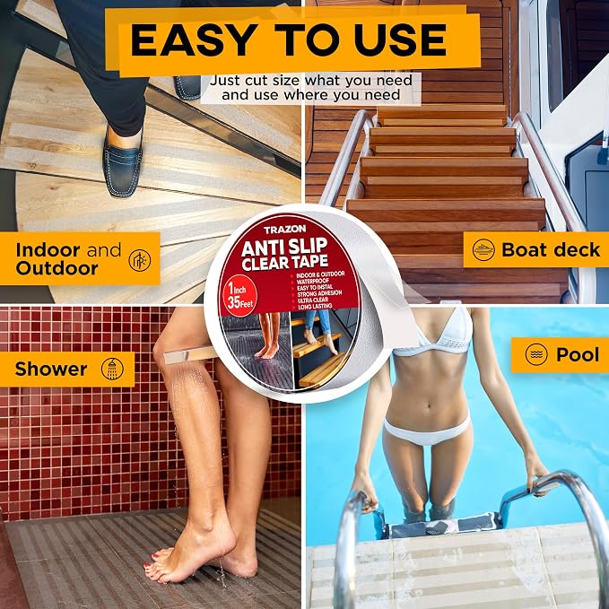 Grip Tape - Heavy Duty Anti Slip Tape Clear Outdoor/Indoor 1In*35Ft, Non Slip Roll/Stickers Easy to Cut Waterproof for Bathtub, Shower Floor, Pool, Stairs Safety Non Skid, Comfortable for Bare Foot