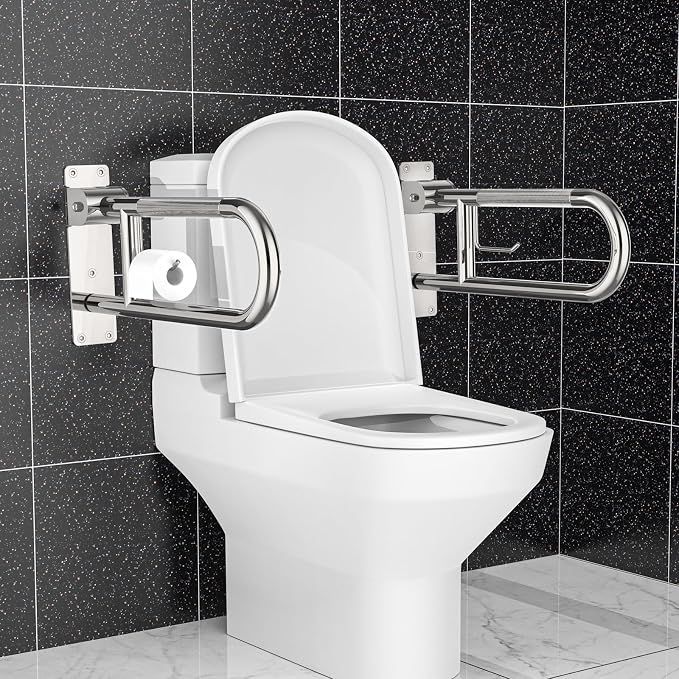 Toilet Grab Bar 24 Inch Chrome, Munzong Anti-Slip Handicap Grab Bars with Paper Holder, Flip-Up Bathroom Safety Rails, Stainless Steel Knurled Support handrails for Seniors Elderly Disabled Pregnant