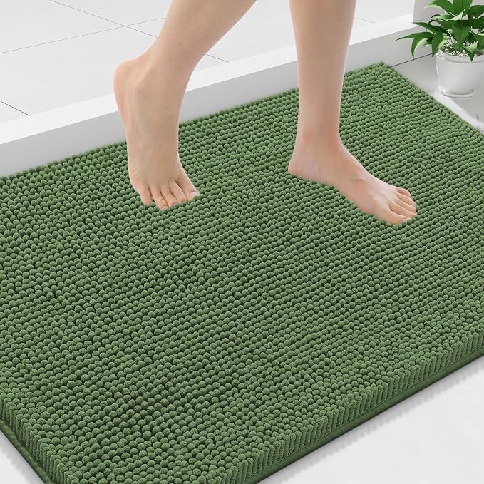 Smiry Luxury Chenille Bathroom Rugs 36x24, Extra Soft and Absorbent Shaggy Bath Mat, Machine Washable, Non-Slip Plush Carpet Runner for Tub, Shower, and Floor, Home Decor Accessories, Olive Green