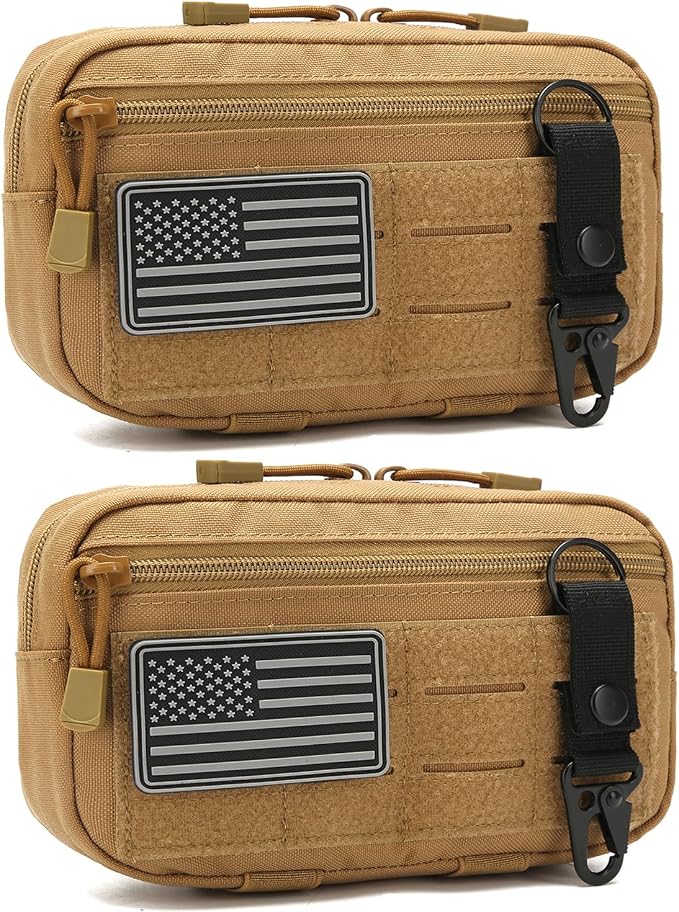 2 Pack Tactical Molle Admin Pouch with US Flag Patch and Keychain - Utility Laser Cut Tactical EDC Tool Pouch Bag Horizontal Modular Pouches Utility Tool Pouch