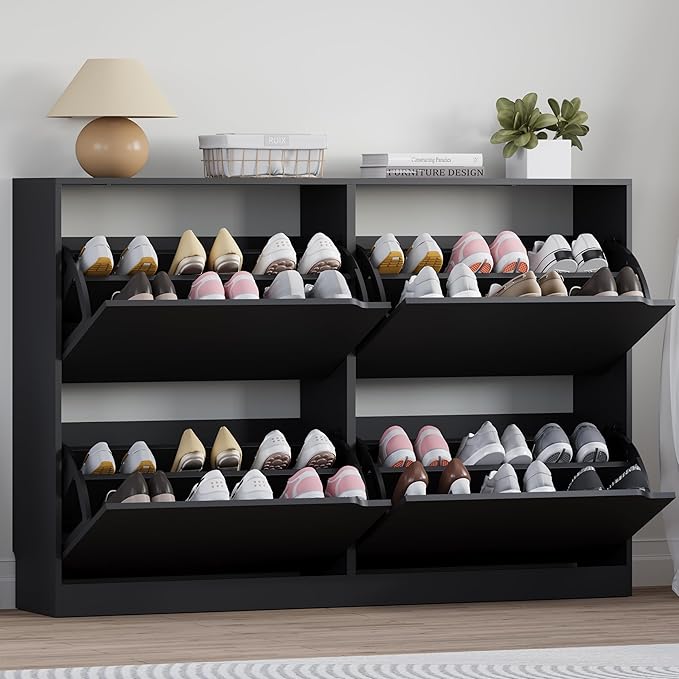 BORNOON Shoe Cabinet with 4 Flip Drawers, Narrow Hidden Shoe Storage Cabinet, Slim Freestanding Shoe Rack Organizer for Entryway, Hallway, Bedroom, Living Room