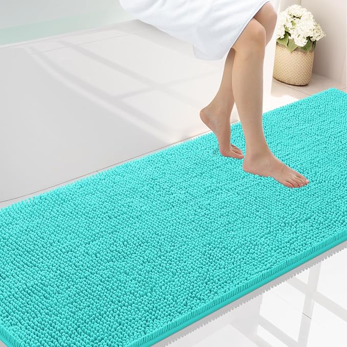 Smiry Luxury Chenille Bathroom Rugs 70x24, Extra Soft and Absorbent Shaggy Bath Mat, Machine Washable, Non-Slip Plush Carpet Runner for Tub, Shower, and Floor, Home Decor Accessories, Turquoise