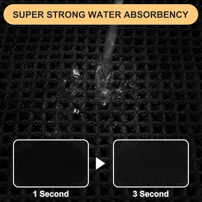 Upgrade Waffle Bath Mat Set 3 Piece, Boho Bathroom Rugs Absorbent Non Slip, Ultra Soft Bathroom Mat, Machine Washable Knit Bath Rugs with Border for Bathroom, Bedroom, Kitchen, Shower, Tub, Black