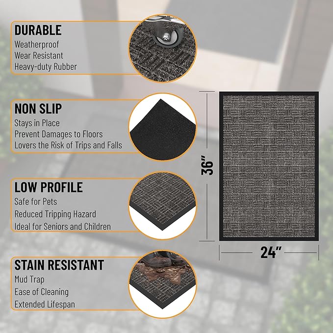 Ottomanson Scraper Doormat – Indoor Outdoor Entry Rug with Rubber Backing & Dirt-Trapping Polyester Pile, Non-Slip Front Door Mat for Mud & Pet Traffic – 24" x 36", Charcoal