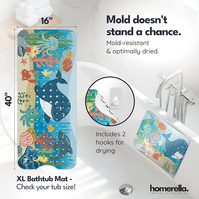 Bath Tub Mat Non Slip Anti Mold for Kids BPA Free INCL Hooks - homerella® Ocean Sea Animals 40x16, Baby Bath Mat Non Slip 200 Suction Cups, Non Toxic Machine Washable Toddler EU Certified -Magic Sea
