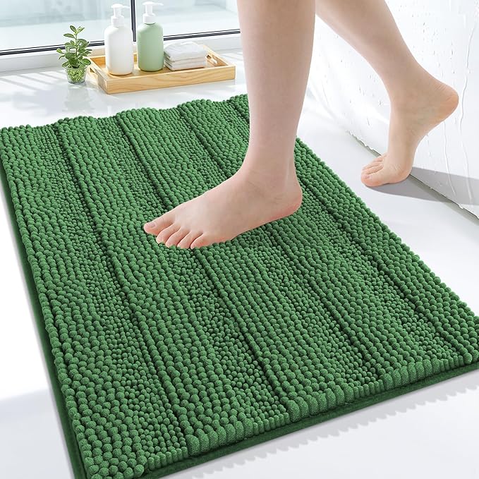 Grandaily Chenille Striped Bathroom Rugs 24x16, Extra Thick and Soft Absorbent Bath Mats, Rubber Backing, Plush Shaggy Shower Carpet, Machine Wash Dry, Bath Rug for Bathroom, Olive Green
