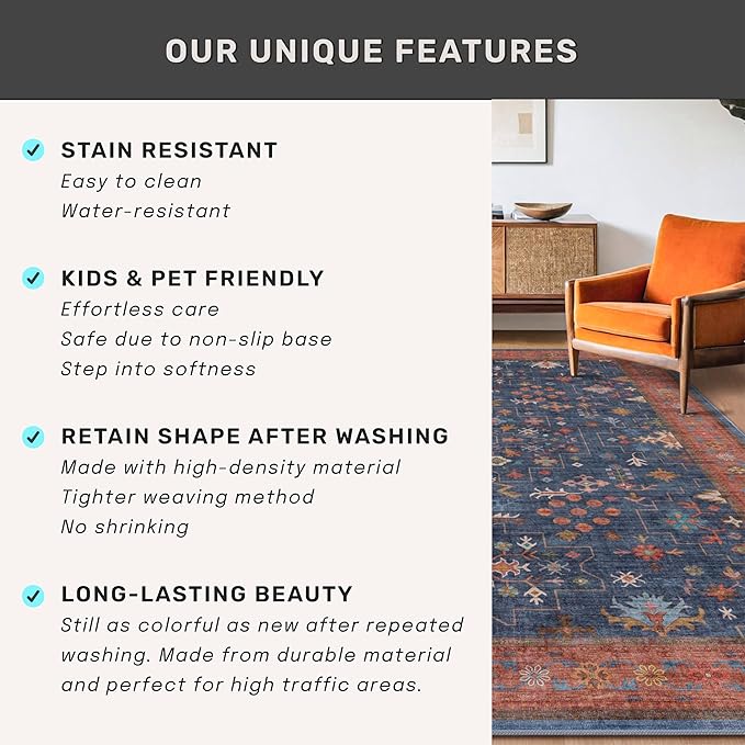 Washable 12 ft Long Runner for Hallway - Navy Blue Kitchen Floor Runner Rug, Pet Friendly Vintage Non Slip with Rubber Backing, Stain Resistant Laundry Room Rug (3x12 Navy Blue & Terracotta)