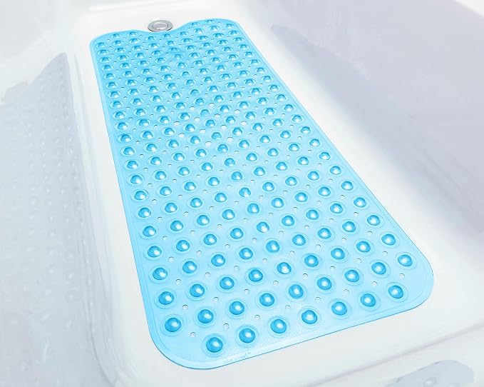 Extra-Long Non-Slip Bathtub & Shower Mat 39”x16” (Smooth/Non-Textured Tubs Only) Safe, Clean, Machine-Washable, Superior Grip&Drainage, Vinyl, Transparent Light Blue