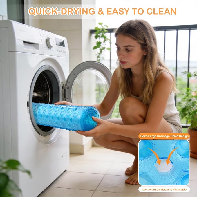 Yimobra Bathtub Mat Non Slip, 27.5"X15.5" Machine Washable Shower Floor Mat, Soft on Feet, Bathmat with Drain Holes and Suction Cups, Bathroom Essentials, Clear Blue