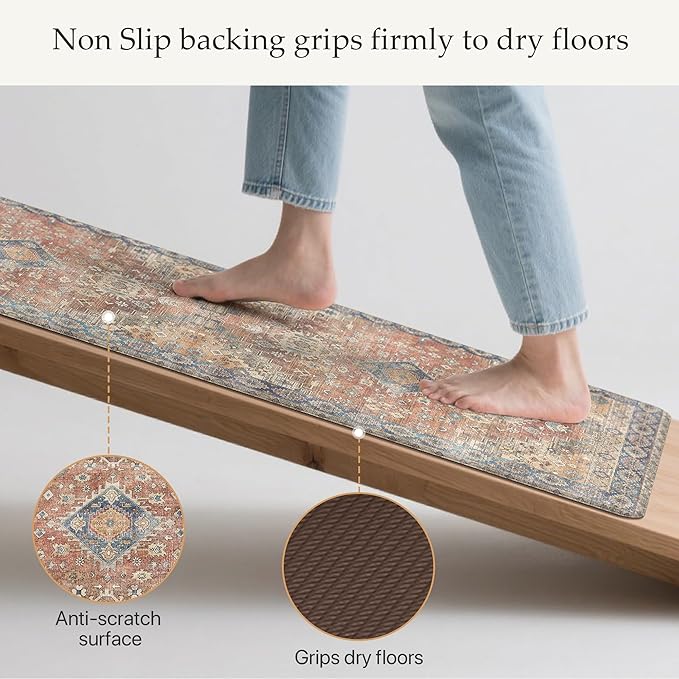 GENIMO Kitchen Mats for Floor, 2PCS Kitchen Rugs Non Slip Washable, Waterproof Anti Fatigue Mat, Comfort Standing Runner Rug for Sink, Office, Laundry, Home, 17.3"x59"+17.3"x30", RetroBrick