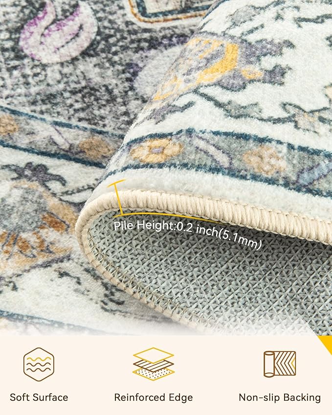 RELEANY Area Rugs Round 6ft Washable Non-Slip, Floral Vintage Distress Medallion Carpet for Living Room Bedroom Dining Room, Beige Carbon Grey Orange