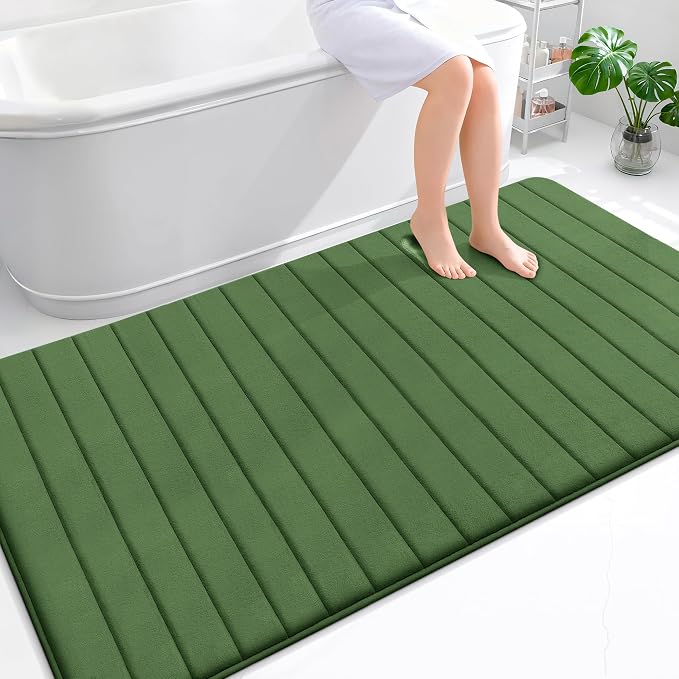 OLANLY Memory Foam Bath Mat 70x46, Super Soft Absorbent Bathroom Rugs, Quick Dry, Machine Washable Shower Floor Rugs, Bathmat Carpet, Bathroom Home Decor Accessories, Olive Green