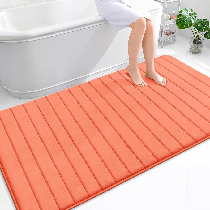OLANLY Memory Foam Bath Mat 70x46, Super Soft Absorbent Bathroom Rugs, Quick Dry, Machine Washable Shower Floor Rugs, Bathmat Carpet, Bathroom Home Decor Accessories, Coral