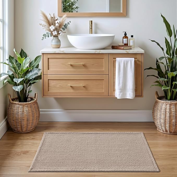 DEXI Bathroom Rugs 24x16, Non Slip Washable Bath Mat, Absorbent Chenille Bathmat, Ultra Soft Thick Carpet for Tub Shower Floor, Dark Beige