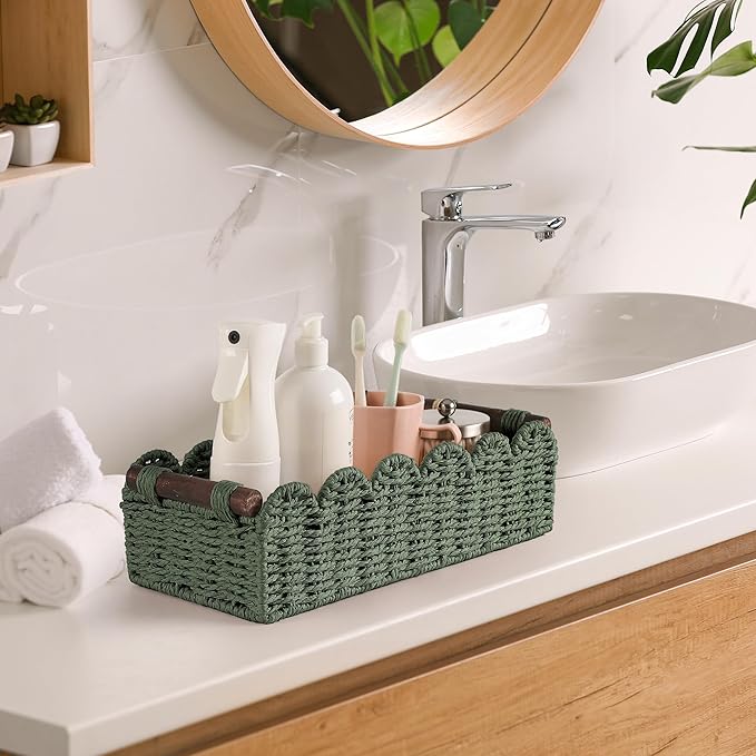Toilet Paper Storage Basket Bathroom Counter Organizer Wicker Baskets for Organizing Cute Basket for Apartment Bedroom Nursery Room Kitchen Bathroom Decor-Green