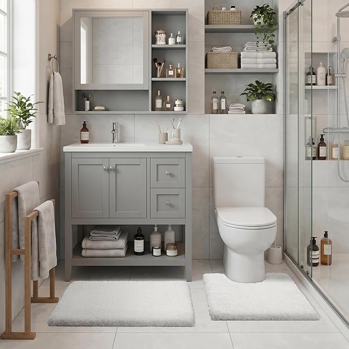 Yimobra Bath Rugs for Bathroom 32X20, Ultra Soft and Water Absorbent Bath Mats, Non Slip Plush Shower Mat Outside, Microfiber Thick Matts for Bathroom Floor/Tub, Machine Washable, Off White