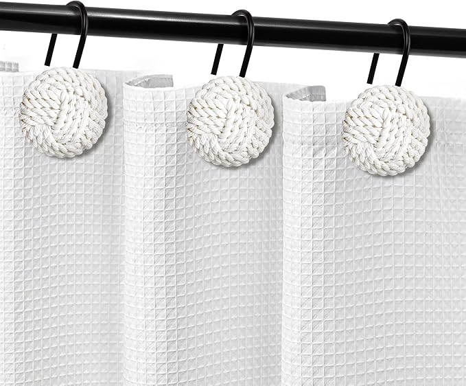 Sunlit Boho Knots Shower Curtain Hooks, Home Decorative White Shower Curtain Rings with Black Hooks for Bathroom, Seaside Nautical Shower Curtain Hangers Bathroom Accessories, Set of 12