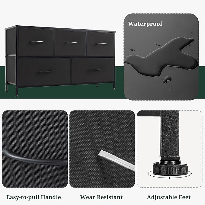 5-Drawer Dresser for Bedroom, Anti-Tip Wide Storage Organizer Fabric Chest of Drawers TV Stand for 45" TV with Wooden Top and Metal Frame for Closet, Living Room, Hallway, Entryway, Black