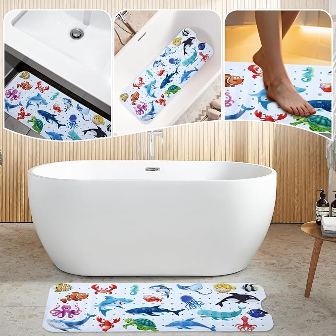 Baby Bath Mat for Tub Non Slip Kids Bathtub Mat Extra Long 40X16 Inch Toddler Bath Tub Shower Mat Anti Slip with Suction Cups & Drain Holes, Machine Washable (Ocean Animals)
