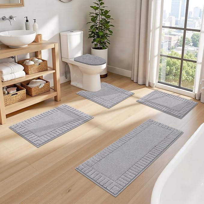 Pauwer Bathroom Rugs Set 5 Piece Non Slip Washable Bath Mat Set with U Shaped Contour Toilet Rugs Plush Absorbent Microfiber Shower Mat and Toilet Lid Cover for Bathroom, Light Grey