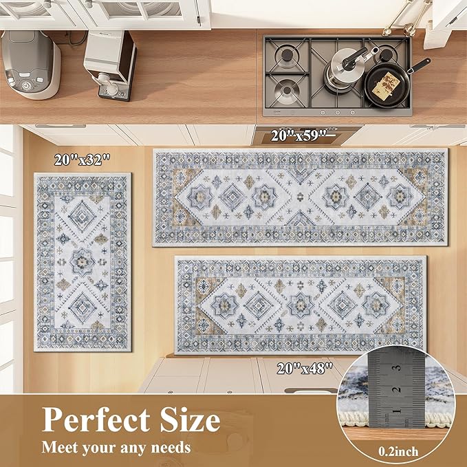 HEBE Boho Kitchen Rug Sets 3 Piece with Runner Non Slip Kitchen Rugs and Mats Washable Kitchen Mats for Floor Thick Kitchen Floor Mat Carpet Runner Rugs for Hallway Laundry Holiday Decor