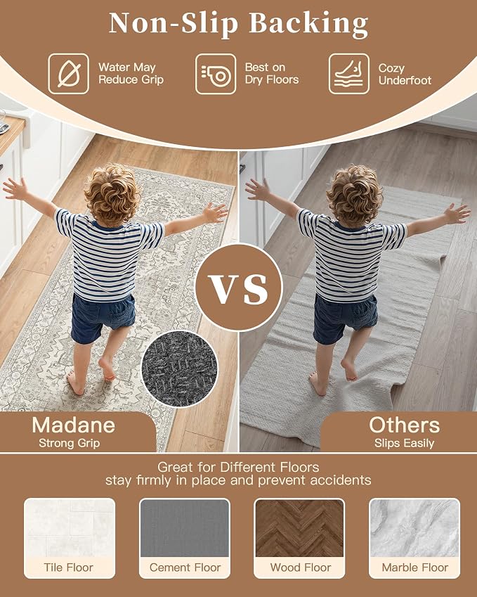 Madane Washable Kitchen Rug Set of 3, Small Area Rug Non-Slip Vintage Entryway Door Mat Indoor Entrance, Low Pile Floor Carpet Runner for Inside Front Door Entry Laundry (2x3+2x4+2x5, Beige/Brown)